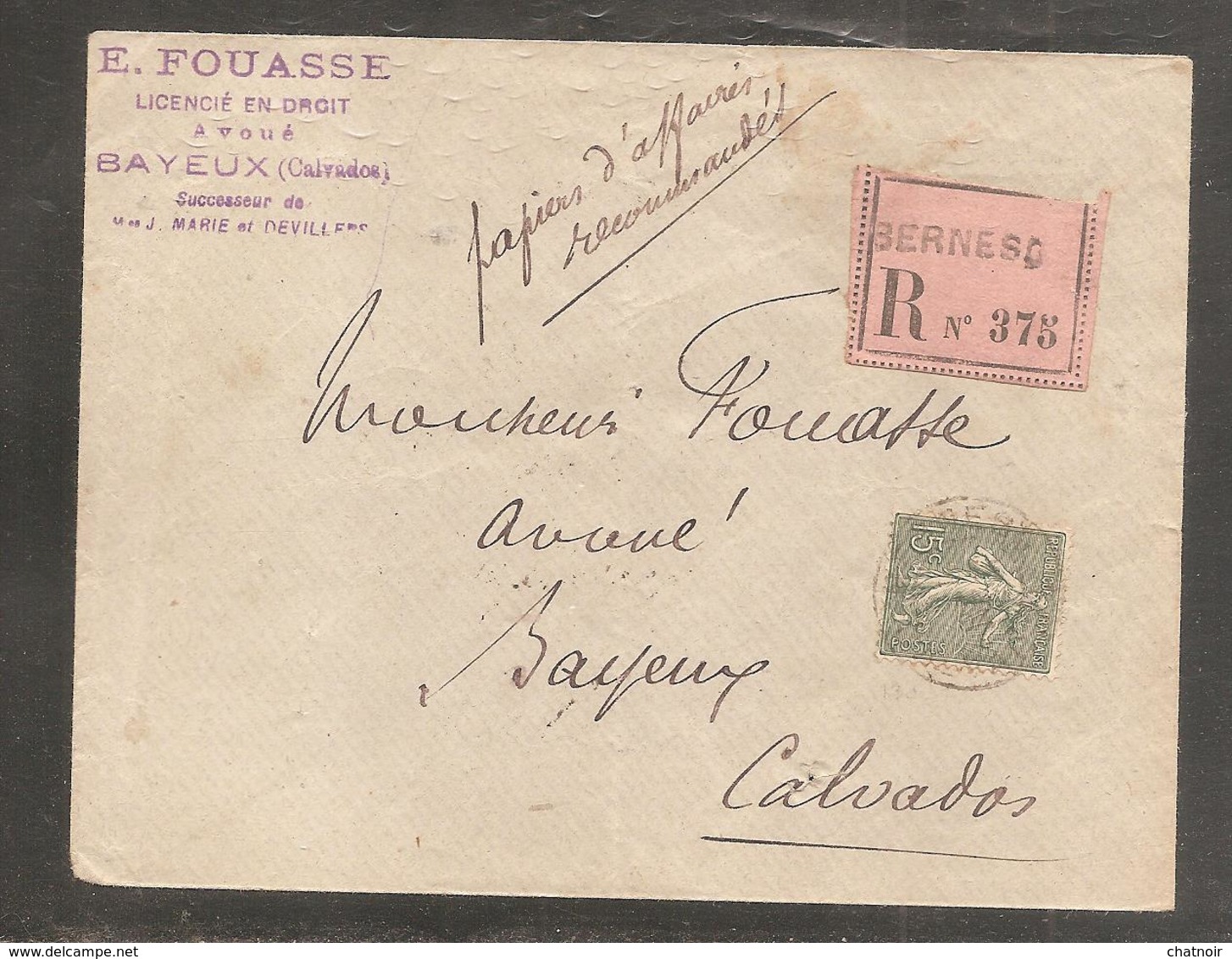 Enveloppe  Papiers D Affaires  Recom    BERNESQ   Calvados    15c Semeuse  1904 - 1903-60 Säerin, Untergrund Schraffiert