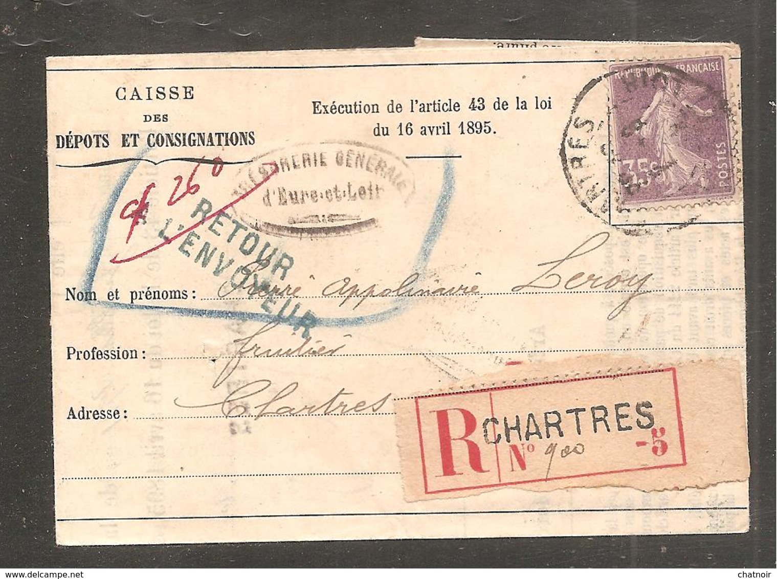 RECOM    De CHARTRES   EURE ET LOIR   35C Semeuse 1910 + Retour A L Envoyeur + Inconnu A L Appel  Signe Du Facteur - 1906-38 Sower - Cameo