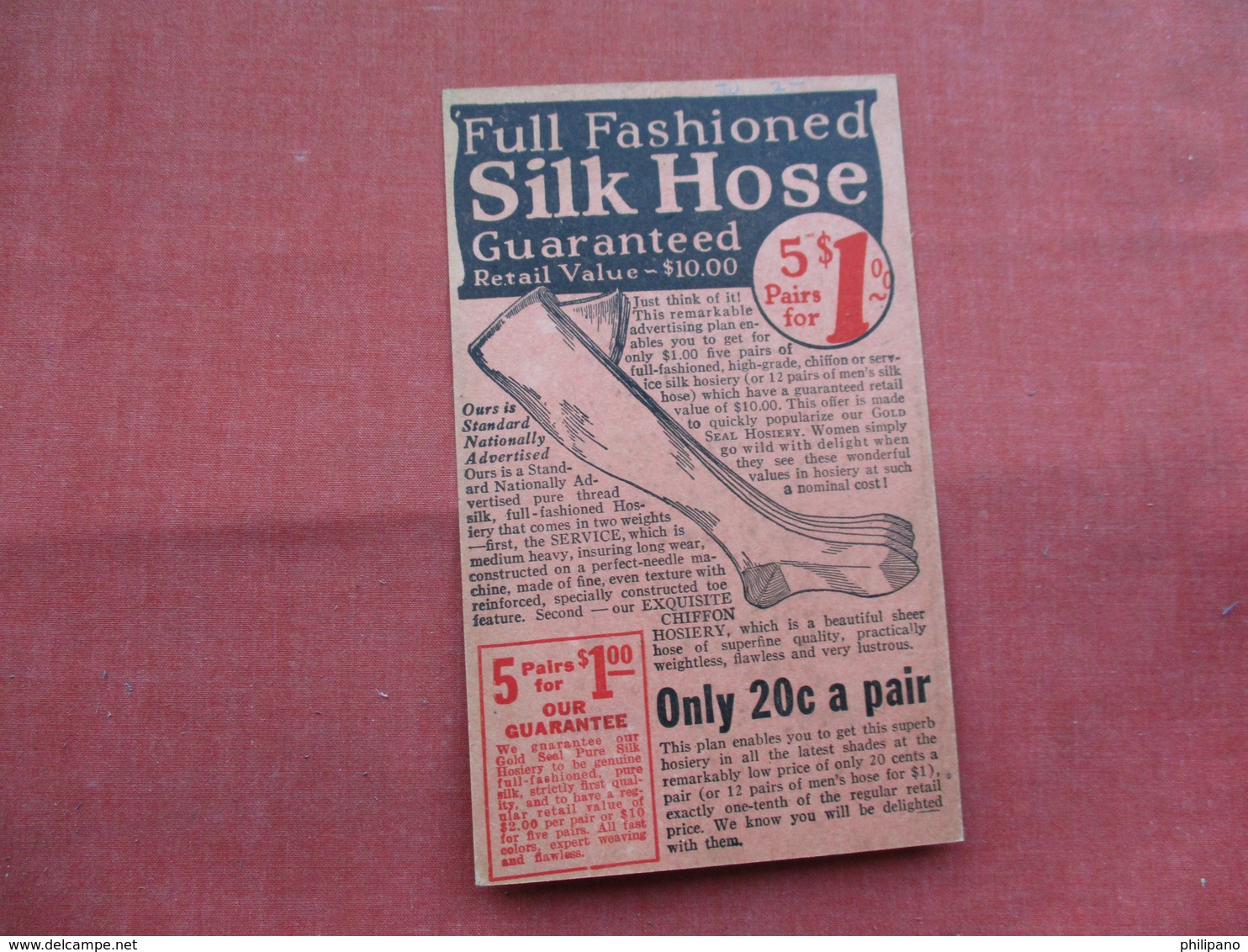 Non Mailable Advertising Card---- Full Fashioned Silk Hose  5 Pairs $ 1.00      -ref    3573 - Publicité