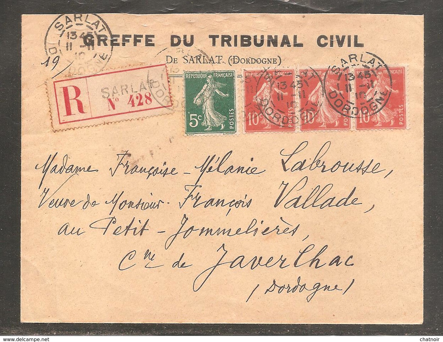 RECOM    SARLAT    Dordogne    1910   Semeuse  10c X 3    Et  5c - 1906-38 Säerin, Untergrund Glatt