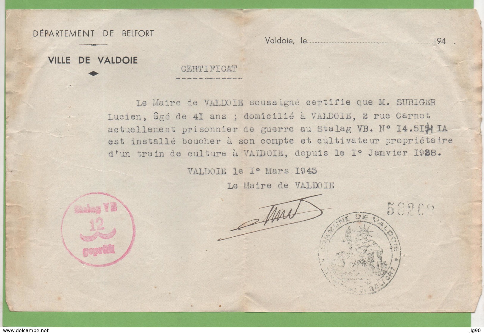 Certificat D'exercice Profession établi En Mairie De VALDOIE (90) Pour Un Prisonnier En Allemagne Stalag VB 12 1/03/43 - 1939-45