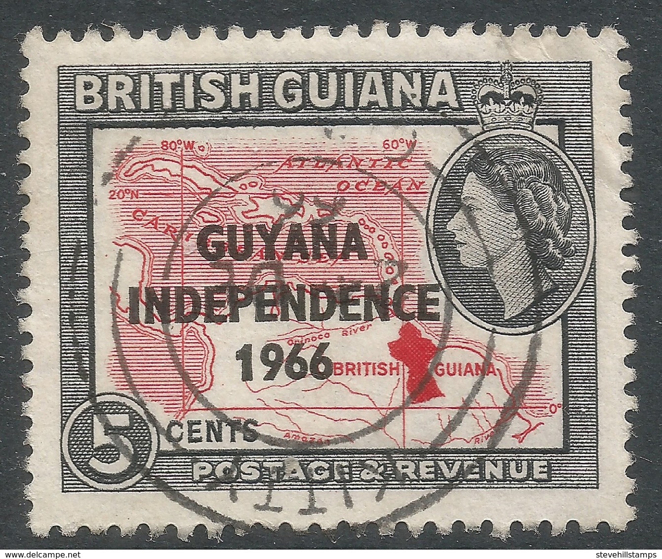 Guyana. 1966 Independence O/P. 5c Used. Upright Block CA W/M SG 388 - Guyana (1966-...)