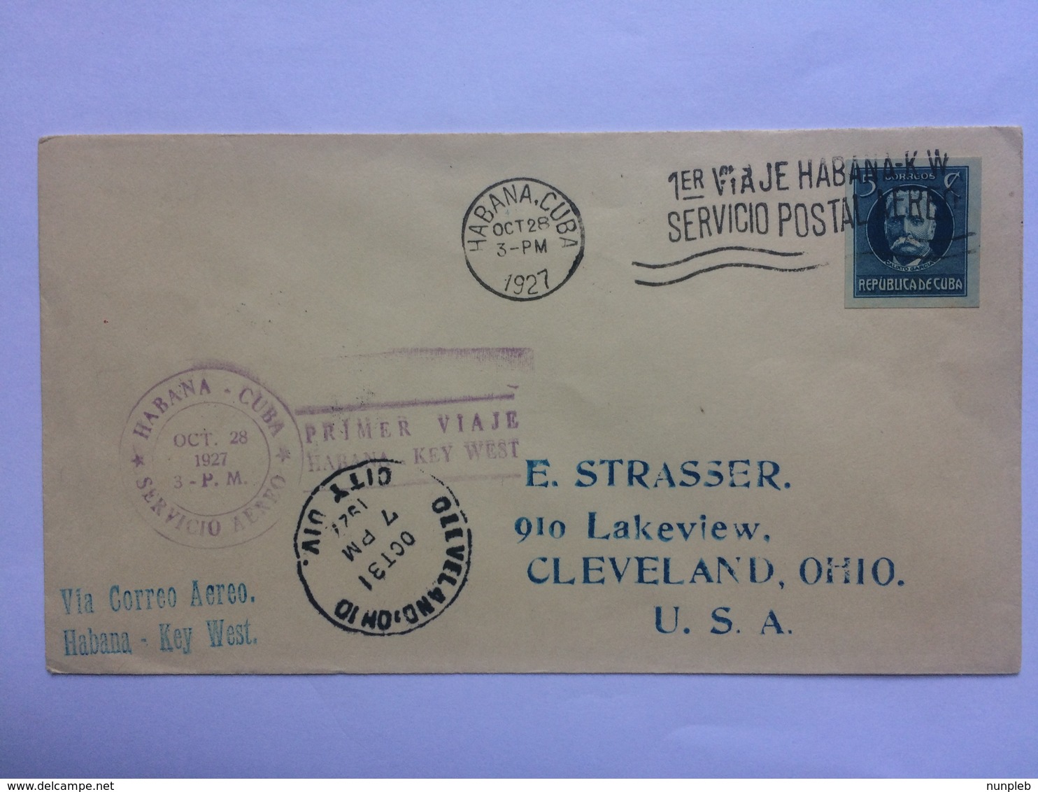 CUBA 1927 Air Mail Cover Havana To Cleveland USA - Various Cachets - Lettres & Documents