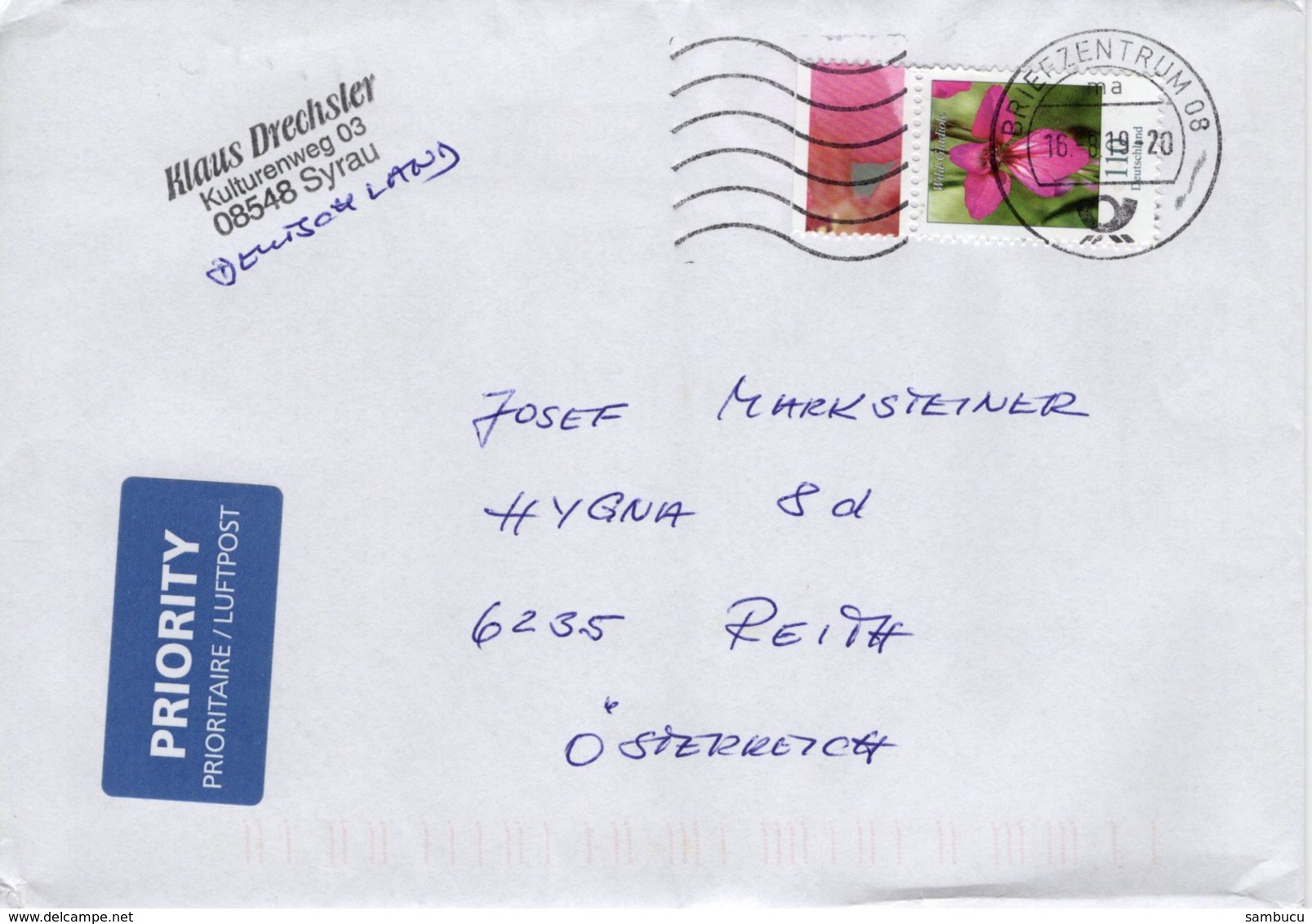 Auslands - Brief Von Briefzentrum 08 Mit 110 Cent Wild Gladiole Randstück 2019 - Briefe U. Dokumente