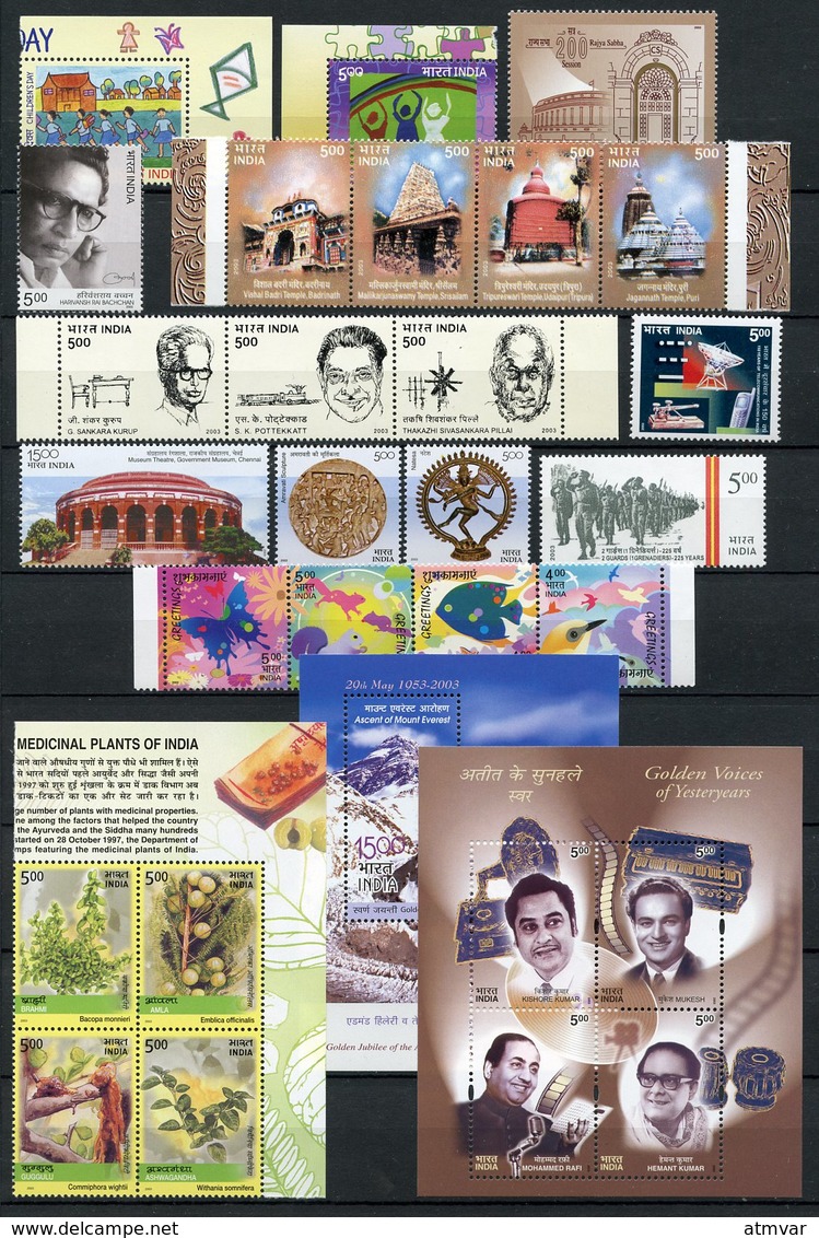 INDIA (2003) - Full Year, Mint Stamps And Souvenir Sheets / Année Complet, Neuf - 2003 (3 SCANS !) - Années Complètes