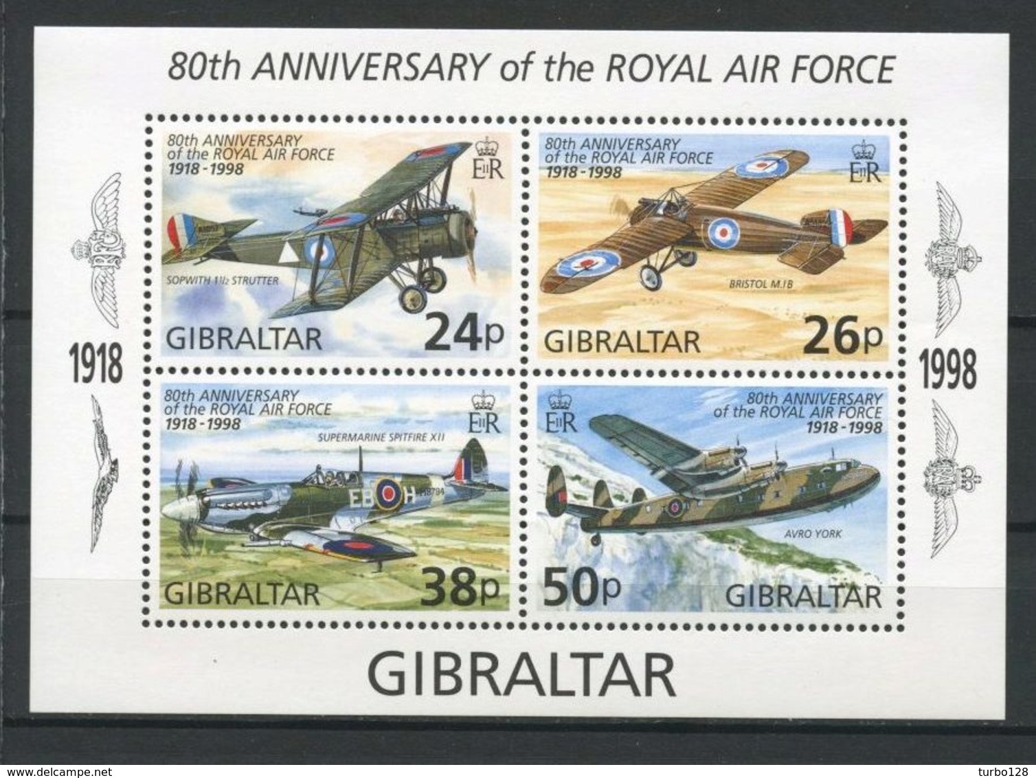 Gibraltar 1998 Bloc N° 31 ** Neufs MNH Superbes C 7,50 € Avions Planes Royal Air Force Sopwith Bristol Avro Y Transports - Gibraltar
