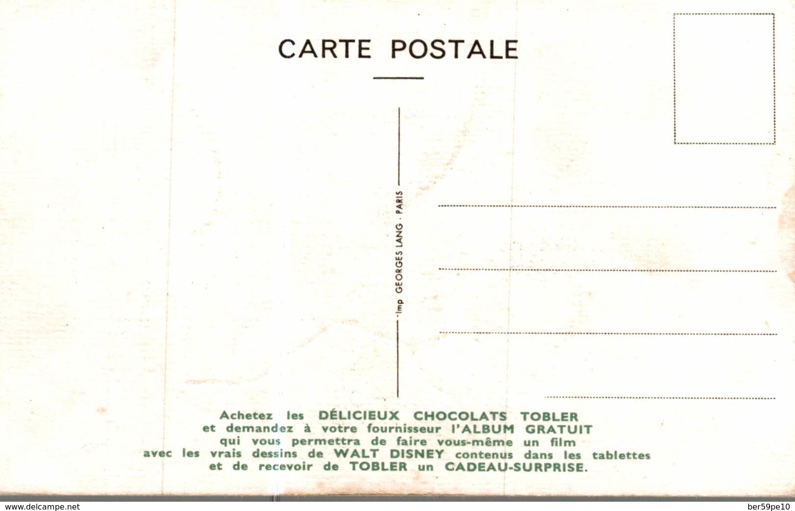 CARTE POSTALE PUBLICITAIRE CHOCOLATS TOBLER  WALT-DISNEY  P'TIT LOUP - Sonstige & Ohne Zuordnung