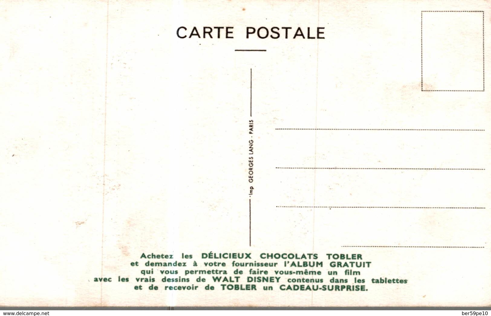 CARTE POSTALE PUBLICITAIRE CHOCOLATS TOBLER  WALT-DISNEY  GRINCHEUX - Autres & Non Classés