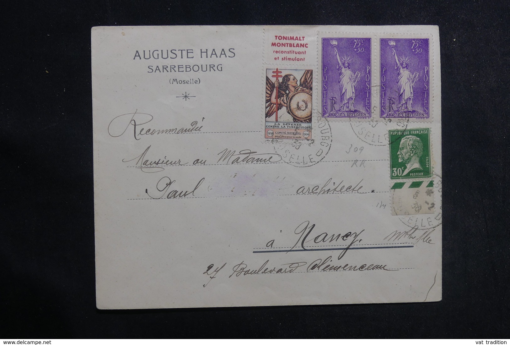 FRANCE - Enveloppe De Sarrebourg Pour Nancy En 1938, Affranchissement Plaisant + Vignette - L 41135 - 1921-1960: Modern Period