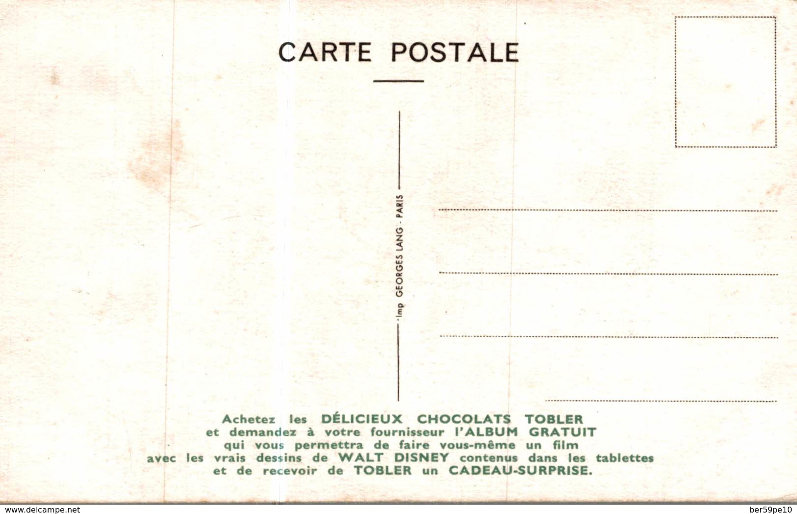 CARTE POSTALE PUBLICITAIRE CHOCOLATS TOBLER  WALT-DISNEY  BLANCHE NEIGE - Autres & Non Classés