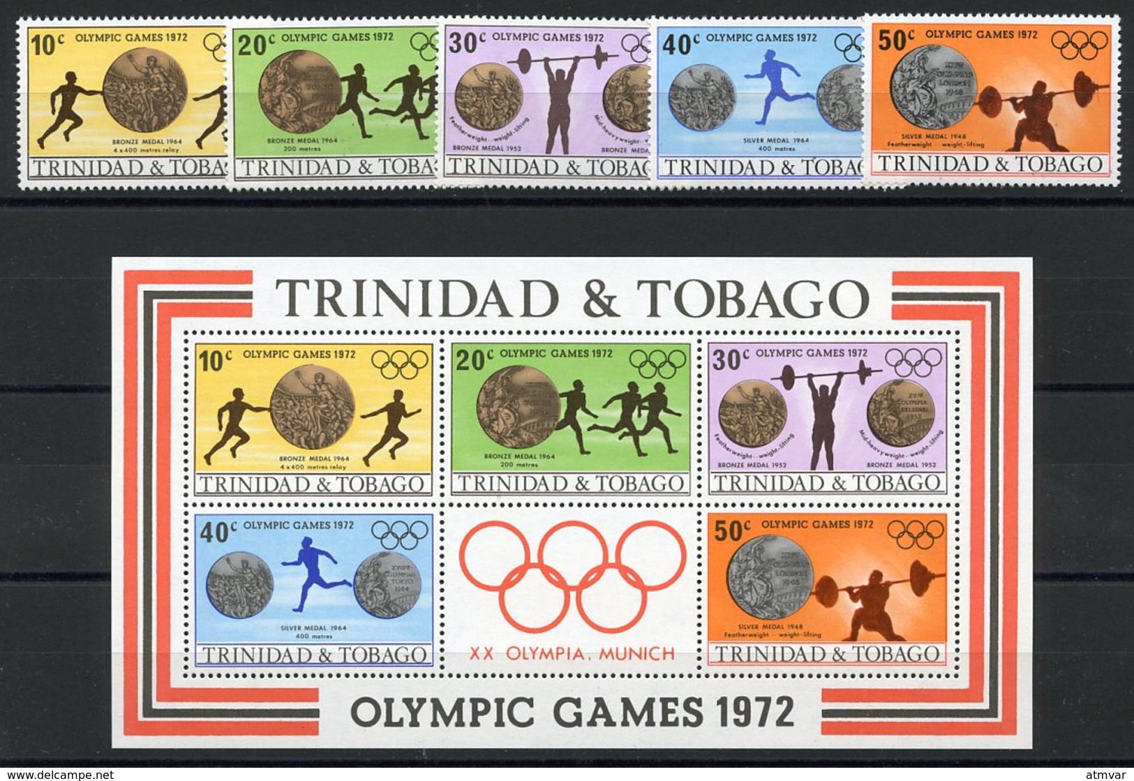 TRINIDAD & TOBAGO (1972) - OLYMPIC GRAMES 1972, Munich, Medals - Set + Souvenir Sheet - Trinité & Tobago (1962-...)