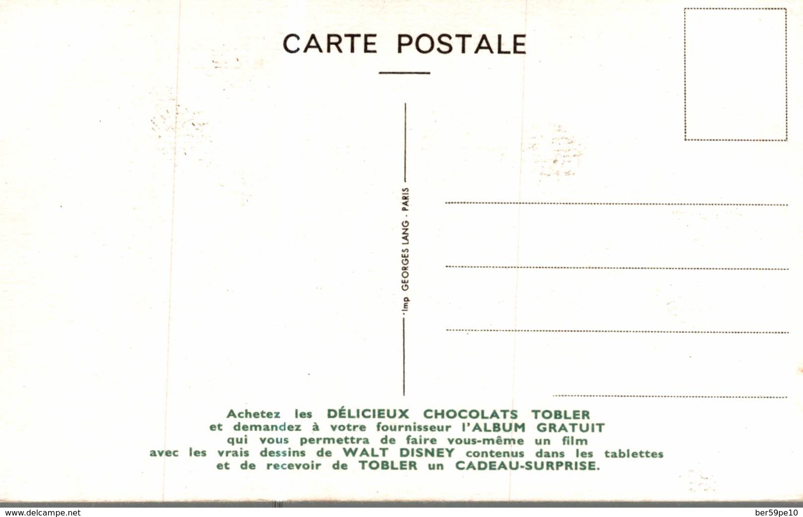 CARTE POSTALE PUBLICITAIRE CHOCOLATS TOBLER  WALT-DISNEY  DORMEUR - Sonstige & Ohne Zuordnung