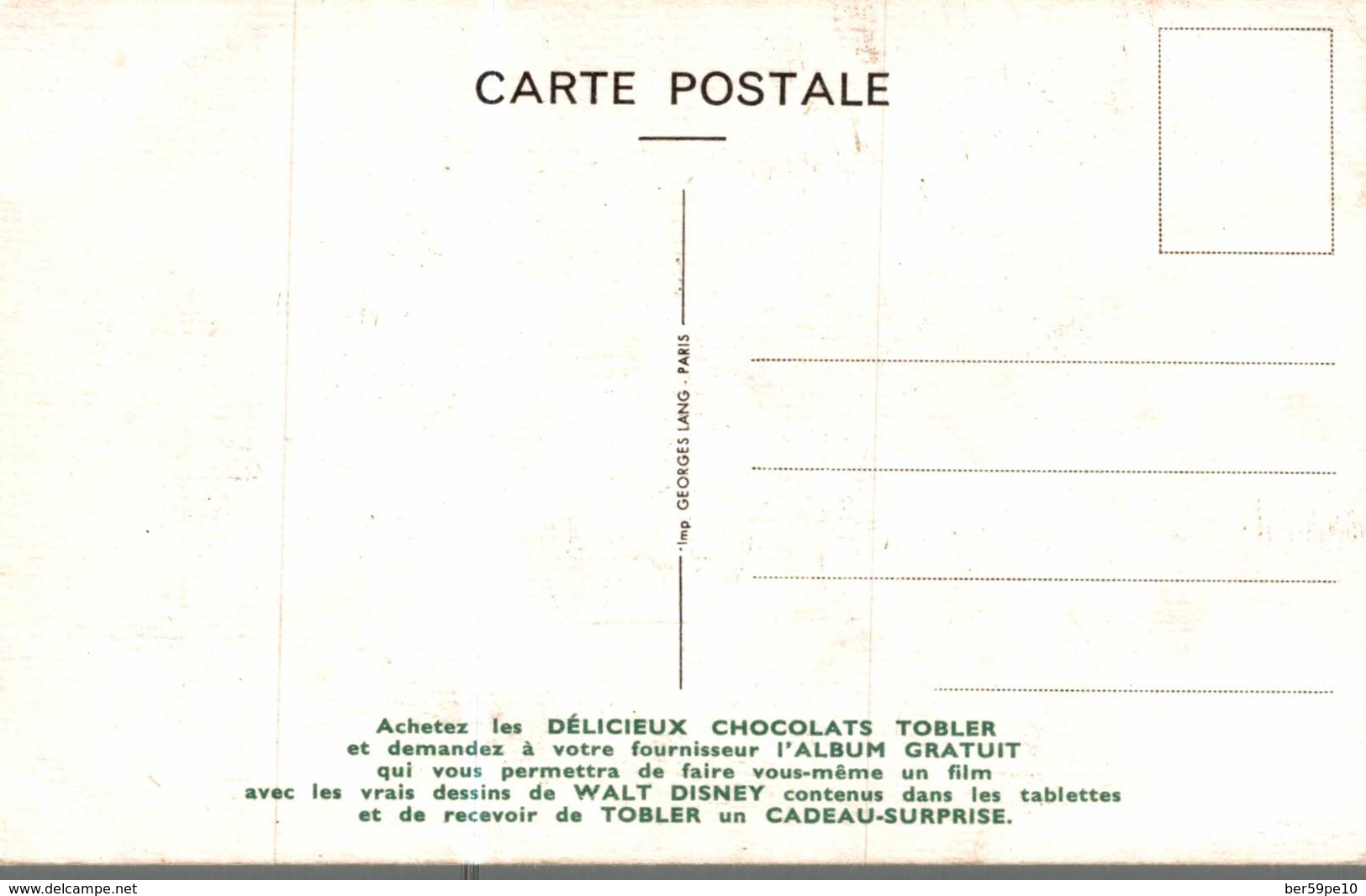 CARTE POSTALE PUBLICITAIRE CHOCOLATS TOBLER  WALT-DISNEY  DONALD - Sonstige & Ohne Zuordnung