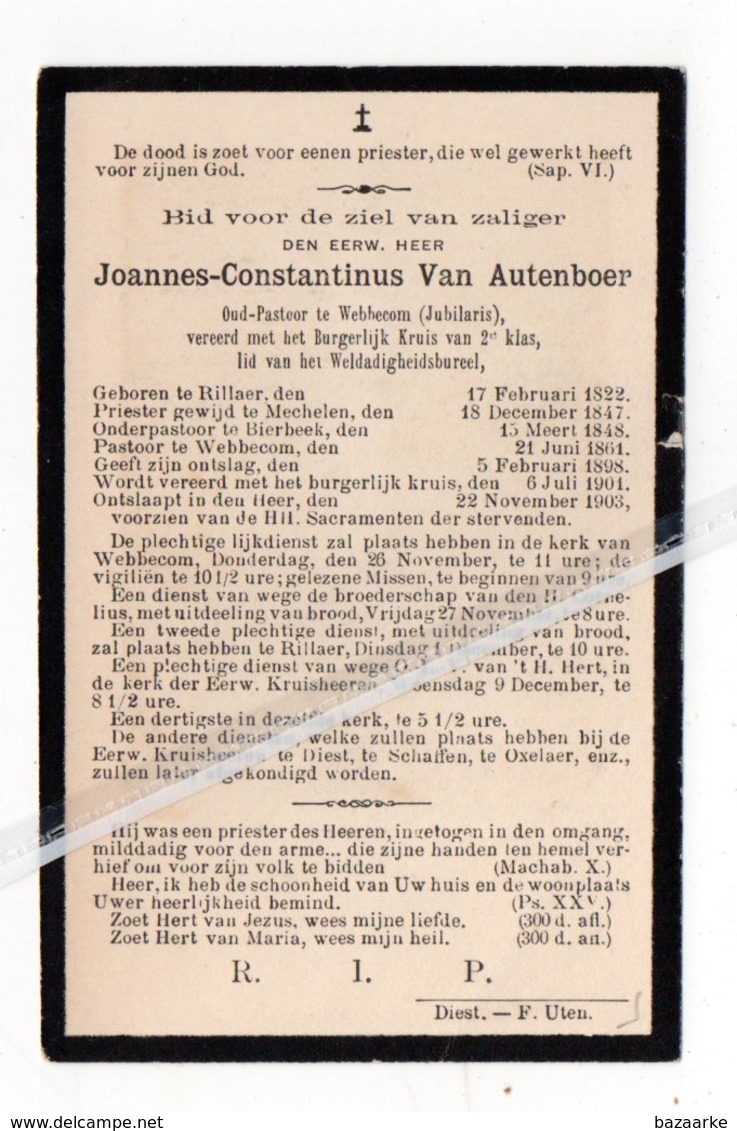 JOANNES -CONSTANTINUS VAN AUTENBOER ° RILLAAR 1822 + WEBBECOM 1903/ ONDERPASTOOR BIERBEEK/ PASTOOR WEBBECOM - Images Religieuses