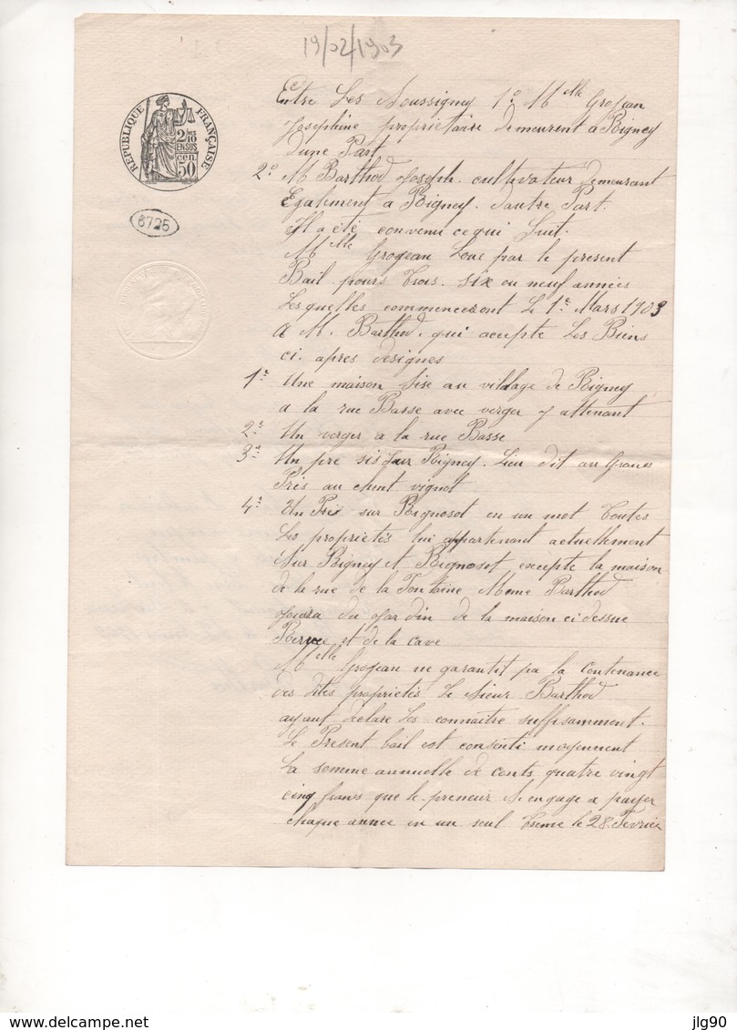 Cachet Notarial 50c + 2/10 Ensus + Cachet à Sec  Sur Bail De Location RIGNEY (25) 19/02/1903 - Historical Documents
