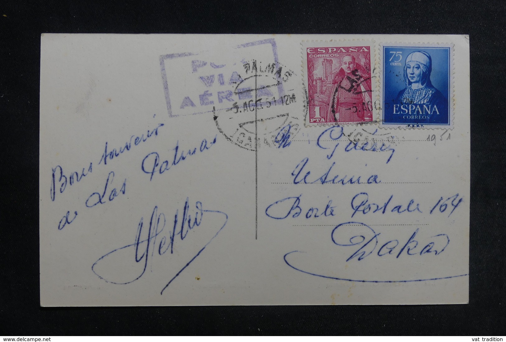 ESPAGNE - Carte Postale De Las Palmas Pour Dakar En 1951 Par Avion - L 41170 - Covers & Documents