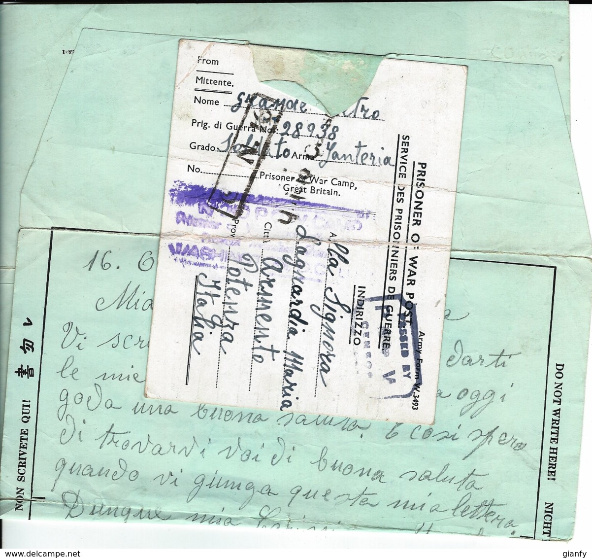 BIGLIETTO PRIGIONIERI USA POW CAMP 101 ORANO ALGERIA 1943 ARMENTO + CARTOLINA - Military Mail (PM)