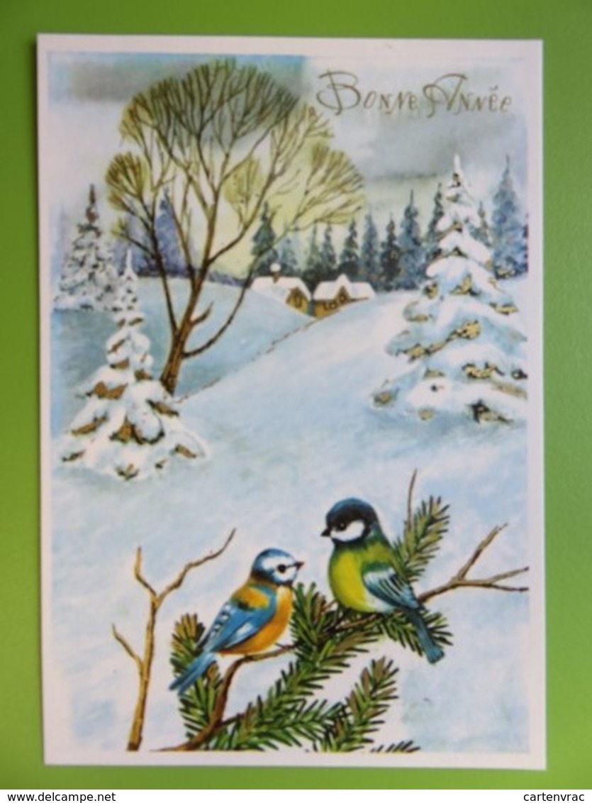 Carte Postale Bonne Année - Couple D'oiseaux Sur Une Branche De Sapin - Paysage Sous La Neige - Nieuwjaar