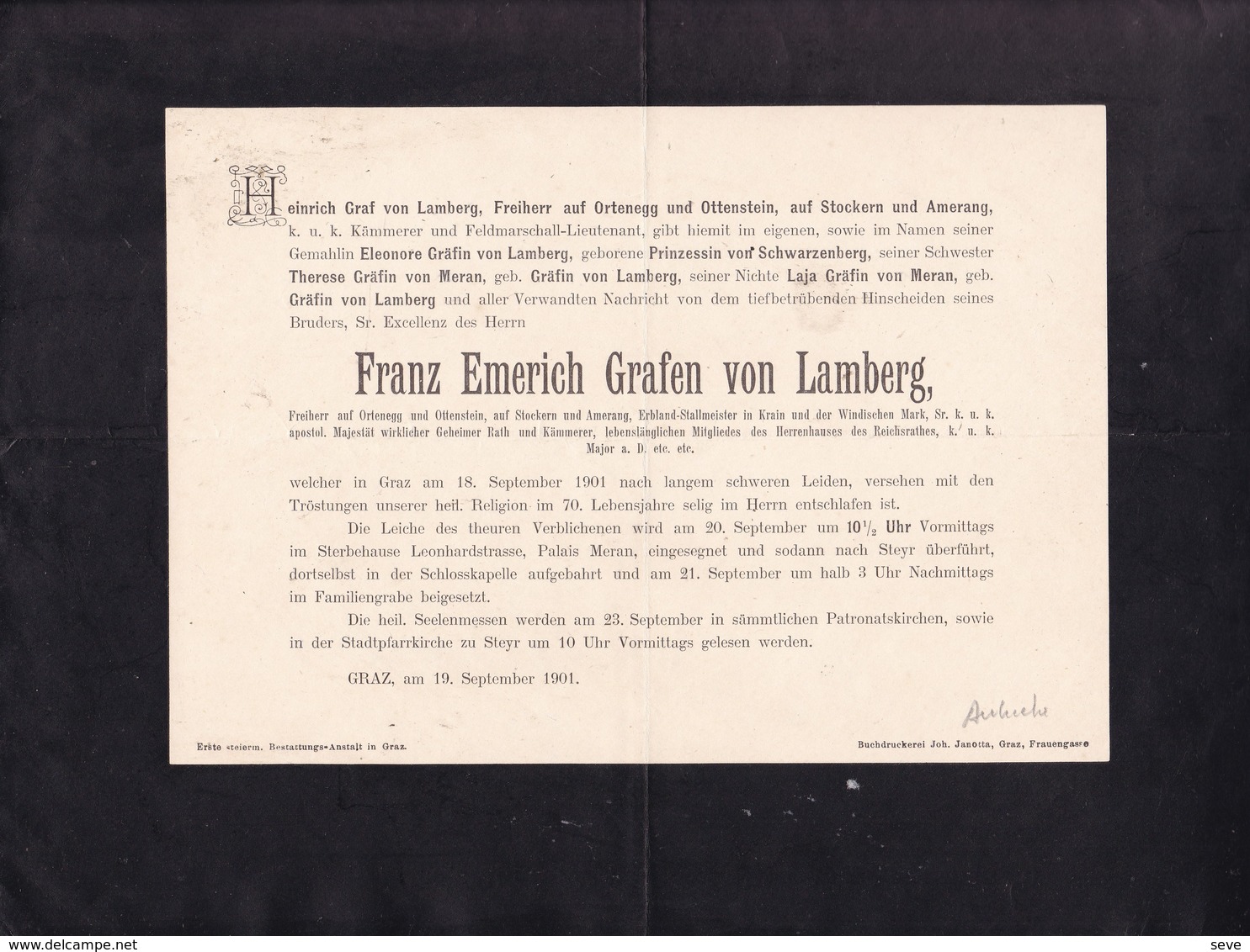GRAZ AUTRICHE Franz Emerich Grafen Von LAMBERG  1901, 70 Ans Prinzessin Von SCHWARZENBERG Grafin Van MERAN A4 - Décès