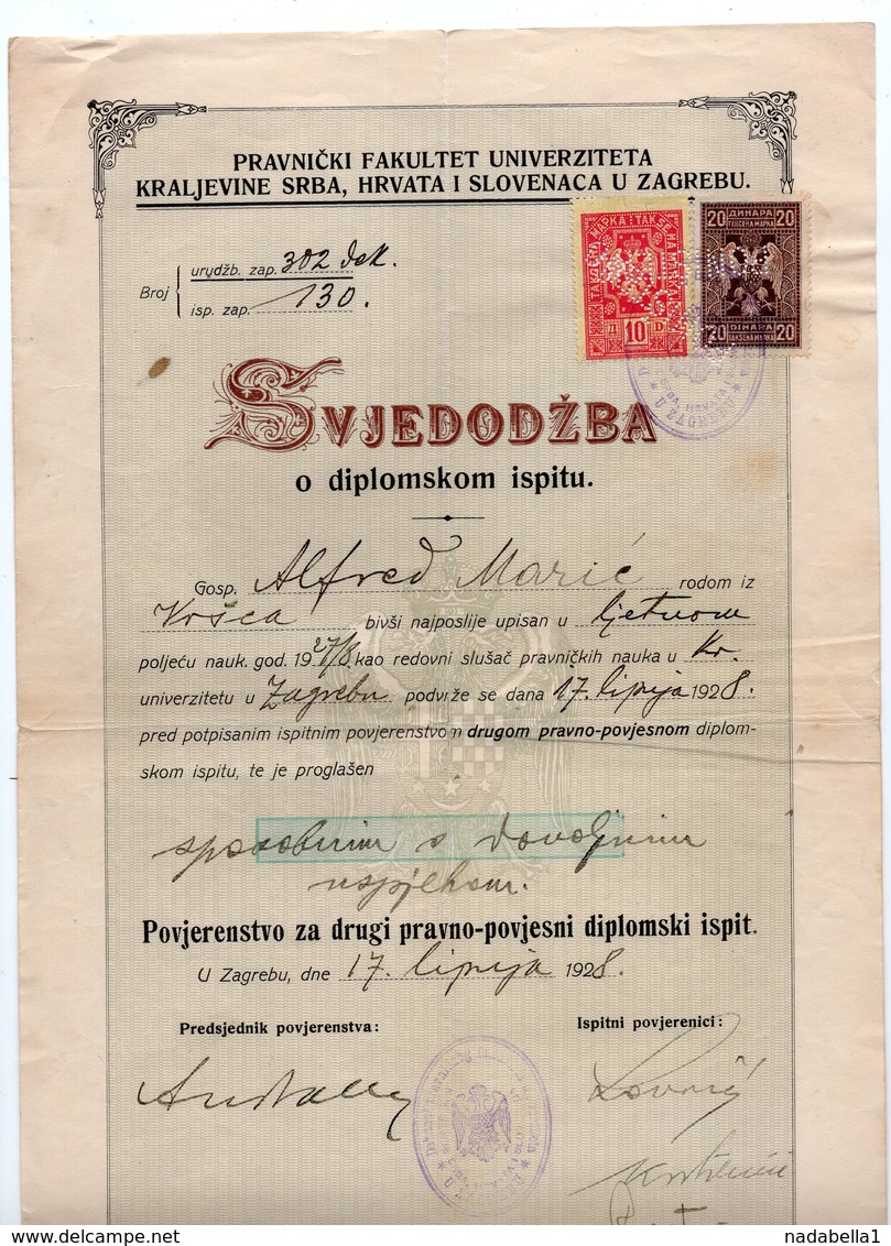 1928 YUGOSLAVIA, CROATIA, ZAGREB UNIVERSITY, FACULTY OF LAW, SECOND DIPLOMA EXAM, SVJEDODZBA, 2 REVENUE STAMPS - Diploma & School Reports