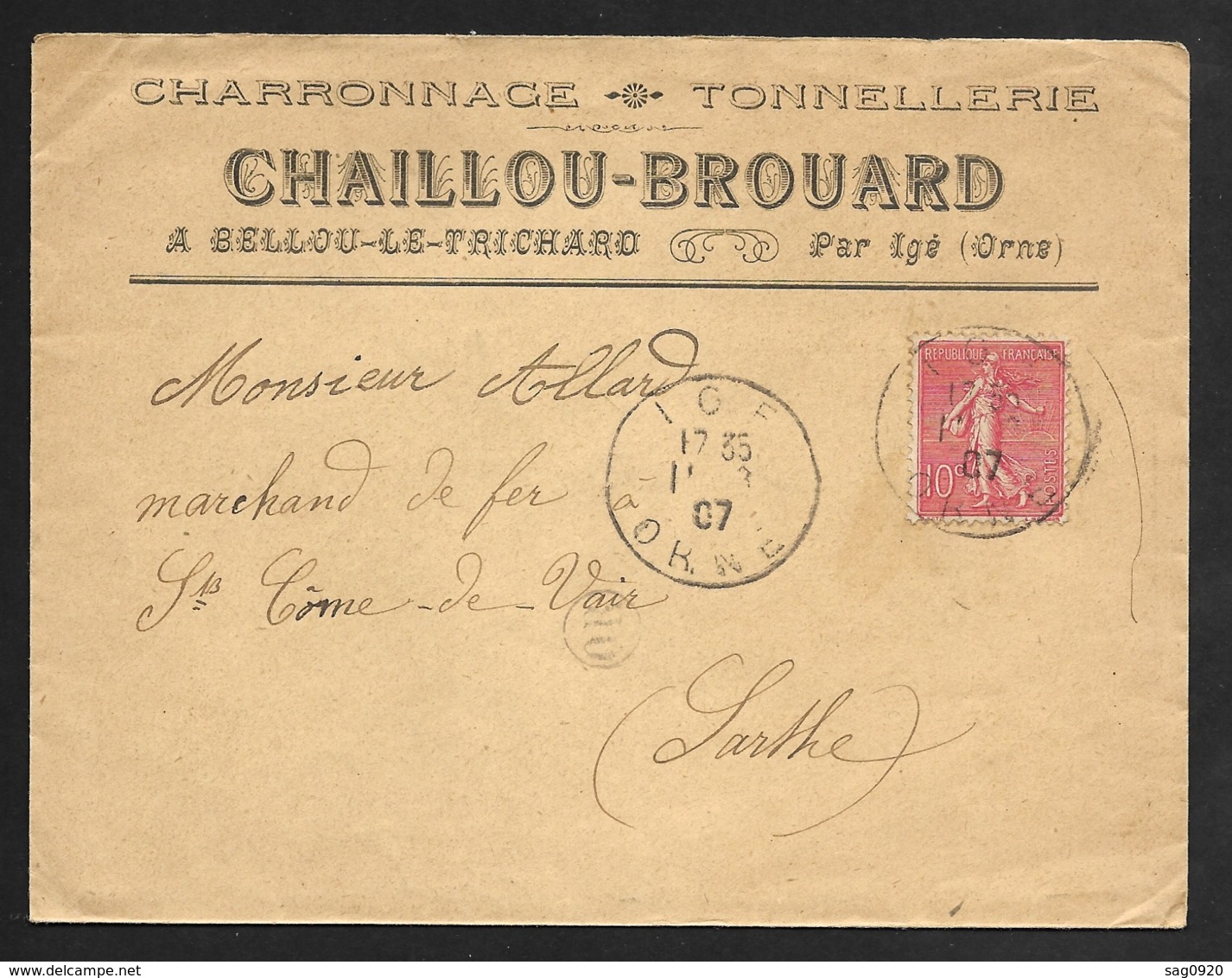 Orne-Enveloppe Charronnage Tonnellerie Bellou Le Trichard Avec Cachet De Igé - 1877-1920: Période Semi Moderne