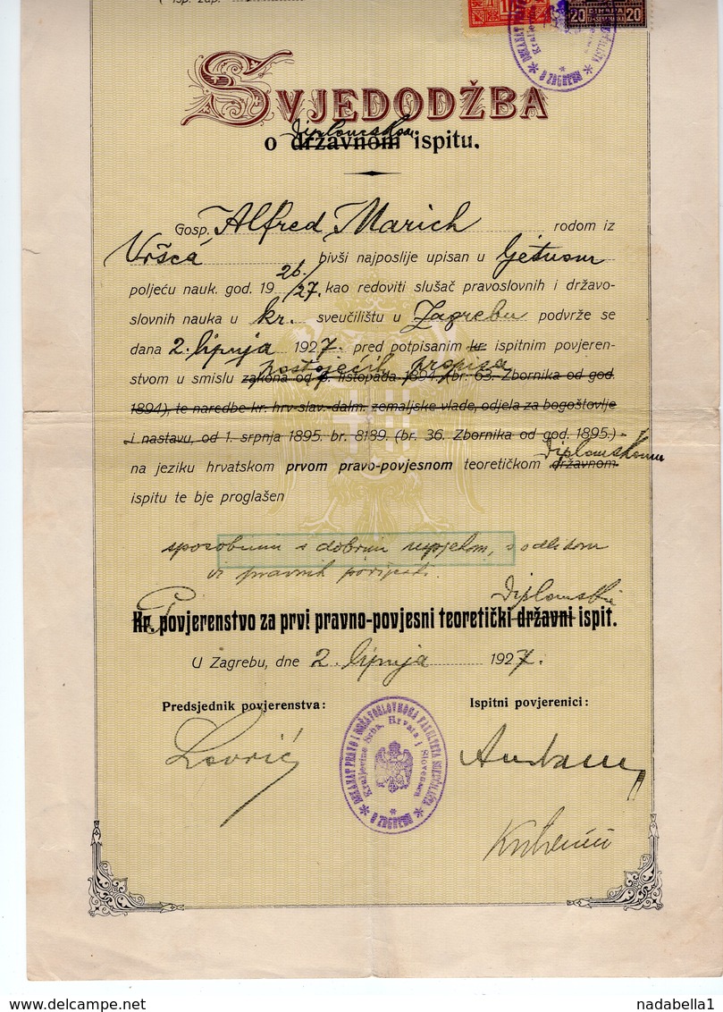 1927 YUGOSLAVIA, CROATIA, ZAGREB UNIVERSITY, FACULTY OF LAW, FIRST DIPLOMA EXAM, SVJEDODZBA, 2 REVENUE STAMPS - Diploma & School Reports