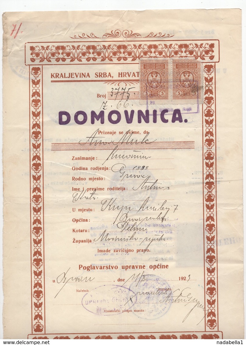 1923 YUGOSLAVIA, CERTIFICATE OF CITIZENSHIP, ISSUED IN DELNICA, APPROVED IN BELGRADE, DOMOVNICA, 7 REVENUE STAMPS - Historical Documents