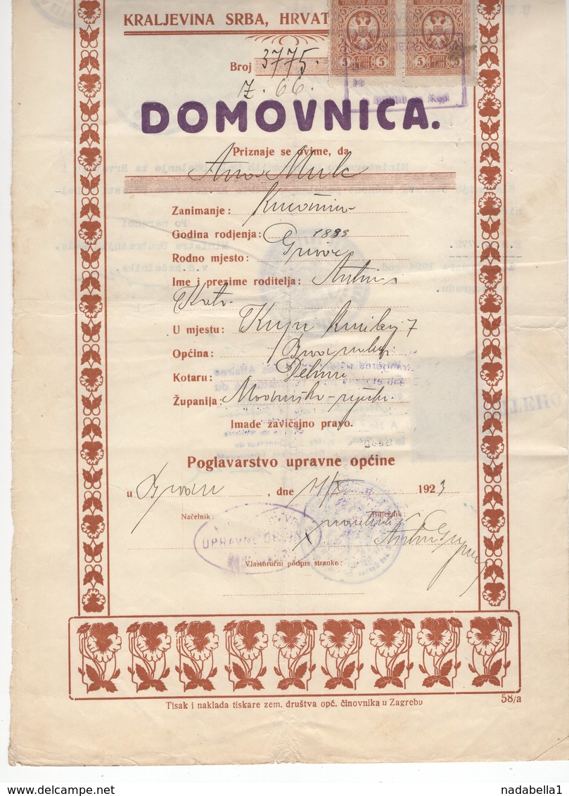 1923 YUGOSLAVIA, CERTIFICATE OF CITIZENSHIP, ISSUED IN DELNICA, APPROVED IN BELGRADE, DOMOVNICA, 7 REVENUE STAMPS - Historical Documents