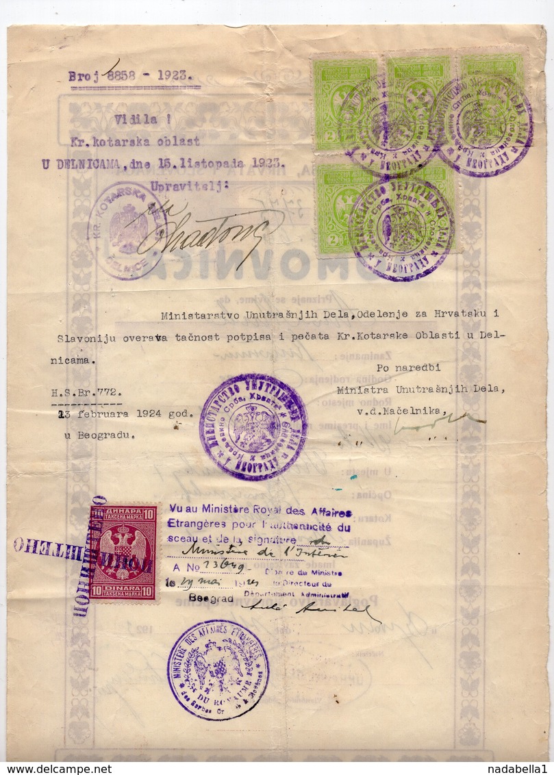 1923 YUGOSLAVIA, CERTIFICATE OF CITIZENSHIP, ISSUED IN DELNICA, APPROVED IN BELGRADE, DOMOVNICA, 7 REVENUE STAMPS - Historical Documents