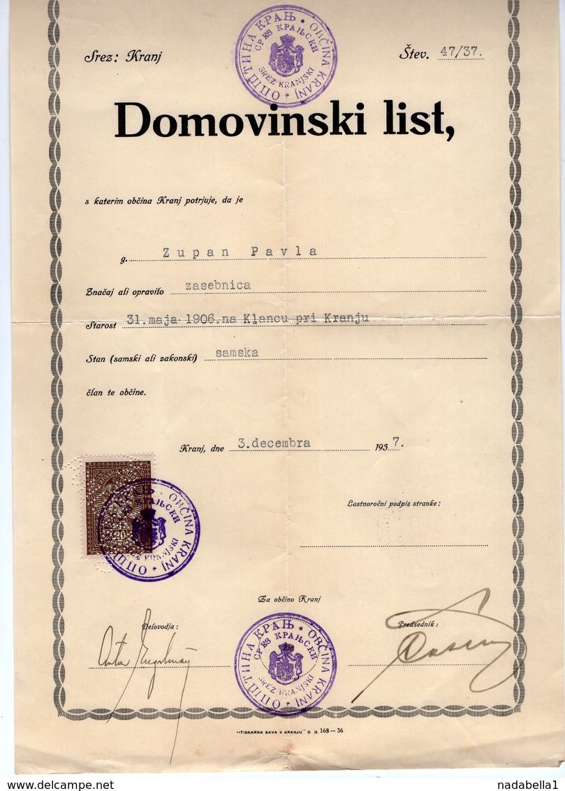 1927 YUGOSLAVIA, SLOVENIA, CERTIFICATE OF CITIZENSHIP, ISSUED IN KRANJ, DOMOVINSKI LIST, 1 REVENUE STAMP - Historical Documents