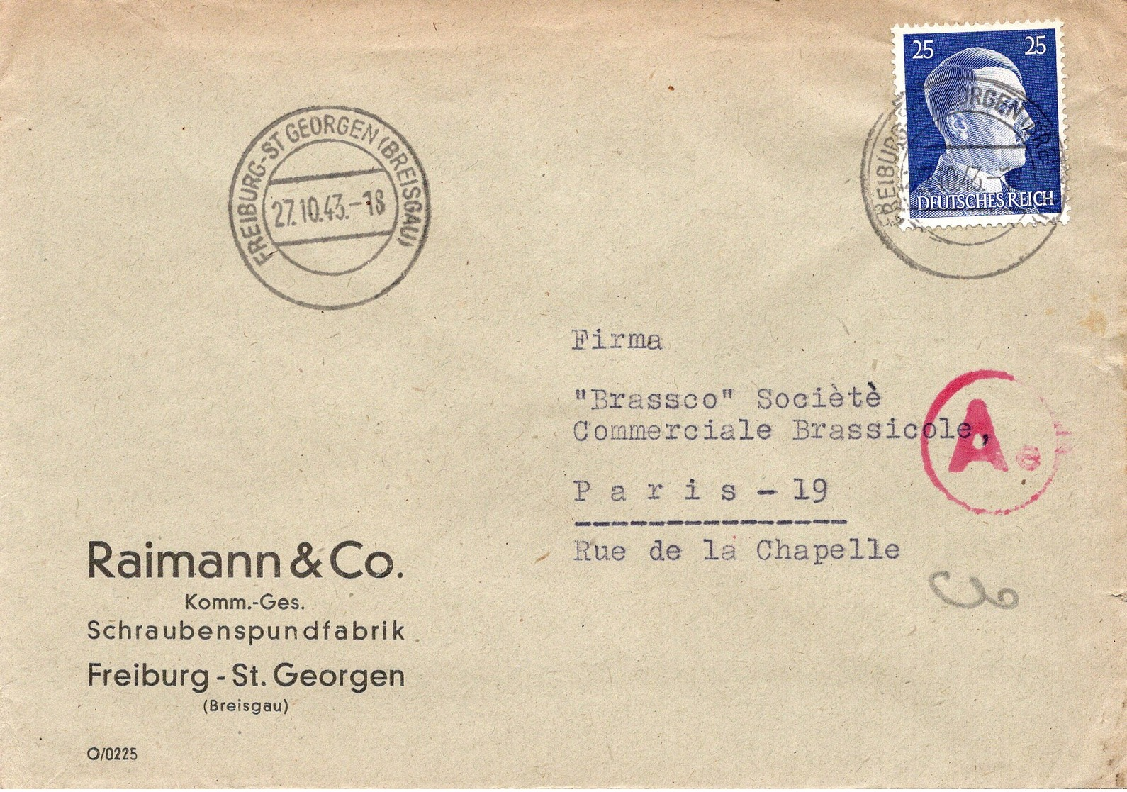 LSC 1943 - Cachets FREIBURG - ST GEORGEN  (Breisgau) Sur Timbre Hitler 25pf - Griffe Ae - Entête RAIMANN & CO - Briefe U. Dokumente