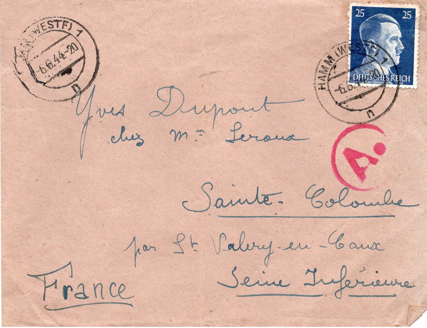 LSC 1944 - Cachet  HAMM (WESTF) Sur Timbre Hitler 25pf - Et Griffe Ae - Covers & Documents