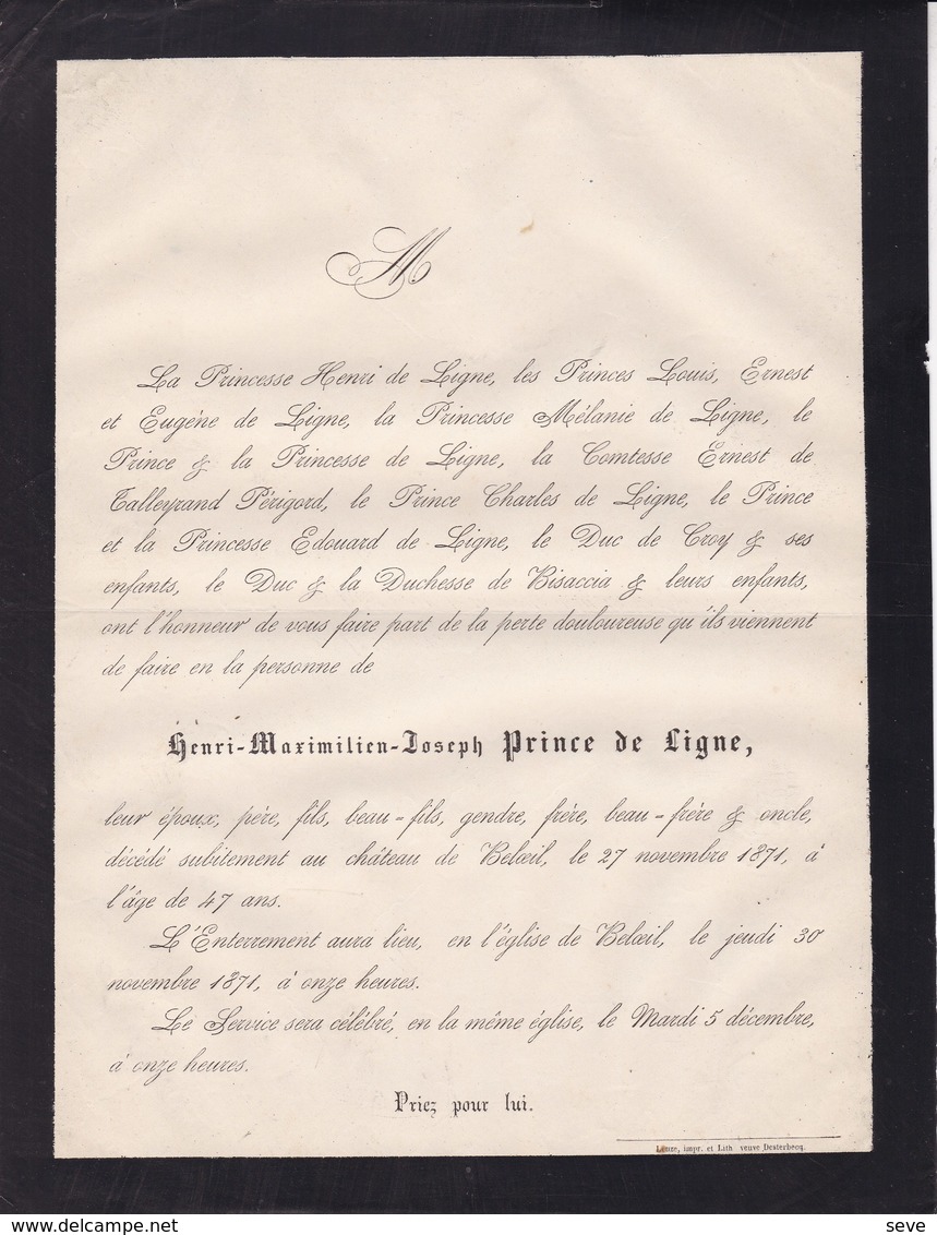 BELOEIL Henri-Maximilien Prince De LIGNE 47 Ans 1871 Faire-part Mortuaire De CROY - Décès