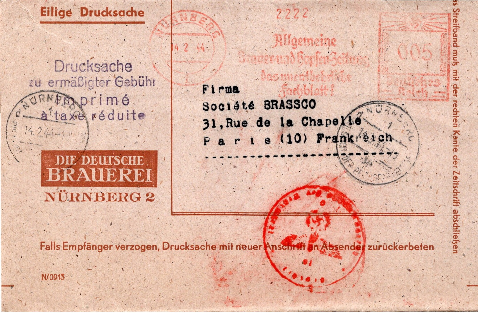 1944 Bande Pour Journaux - DIE DEUTSCHE BRAUEREI - NURNBERG 2 - EMA - Empreinte Mécanique Et Divers Cachets - Lettres & Documents