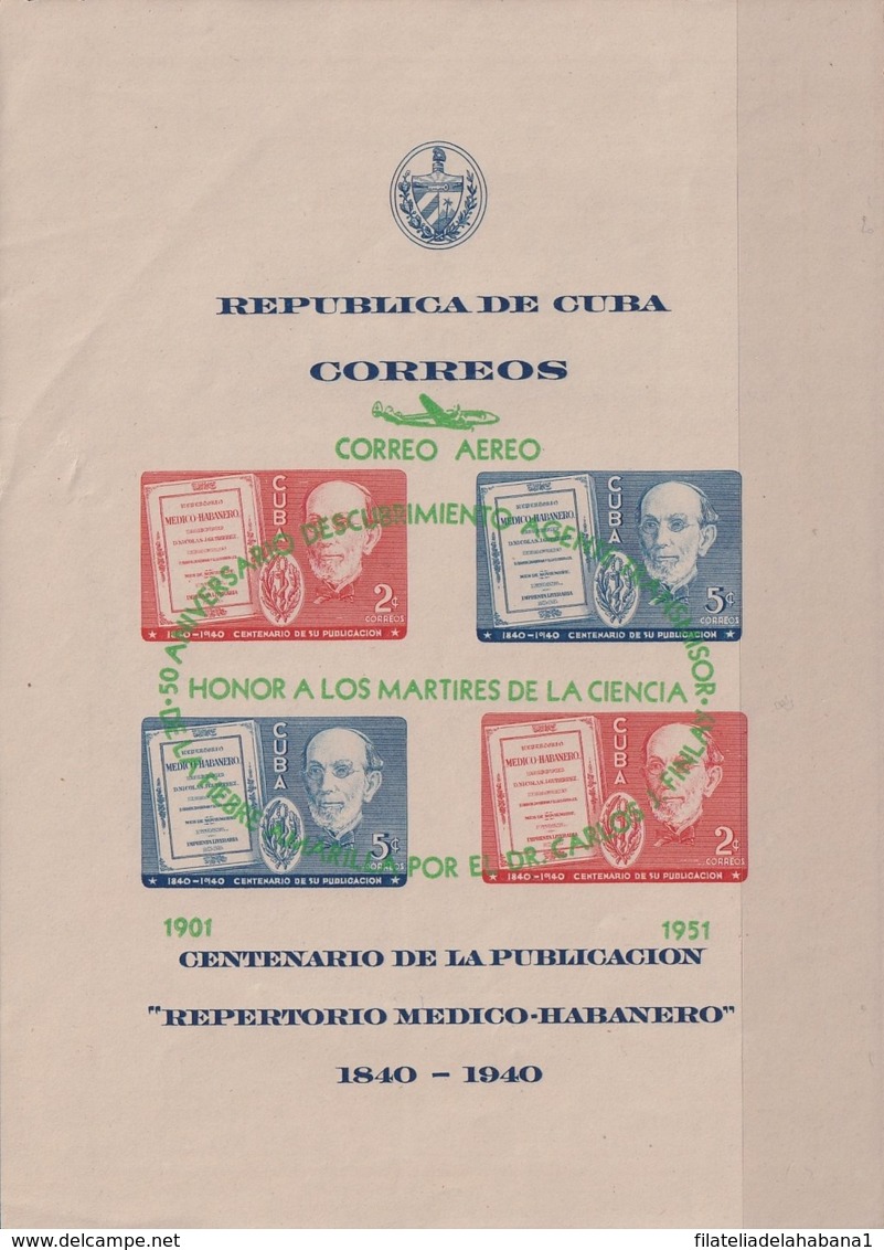 1951-336 CUBA REPUBLICA 1951 Ed.455. HF AIR REPERTORIO MEDICO SURCHARGE. FINLAY YELLOW FEVER MEDICINE. DEFECTO BORDE - Prephilately