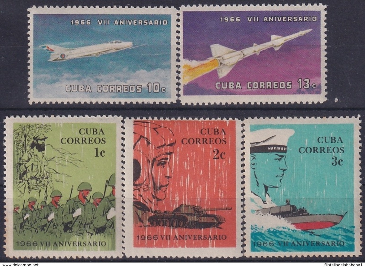 1966.127 CUBA 1966. Ed.1296-00. VII ANIV  REVOLUCION, ROCKET, AVION, BATTLESHIP. LIGERAS MANCHAS. - Prephilately