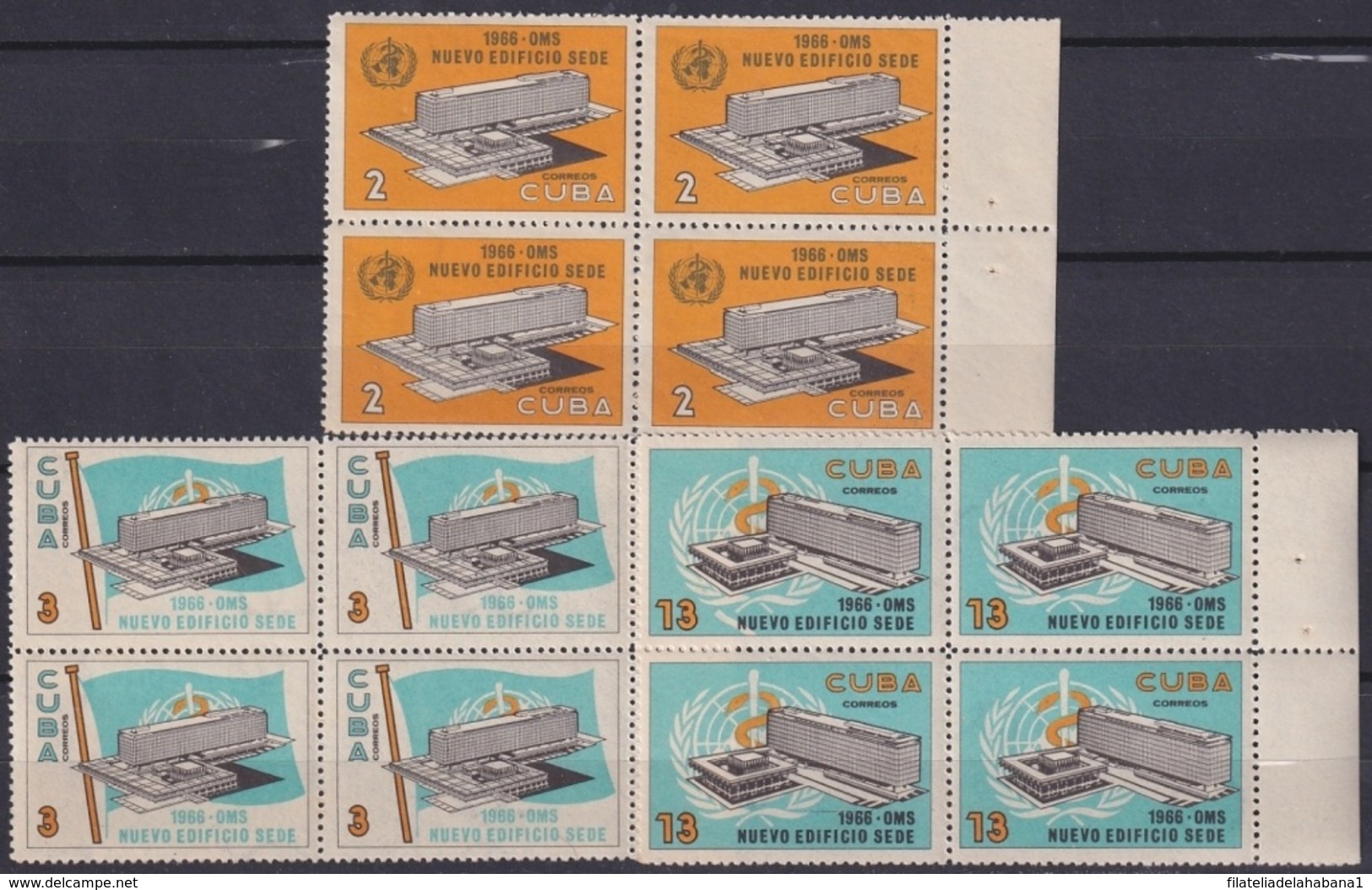 1966.129 CUBA 1966. Ed.1339-41. NUEVO EDIFICIO DE LA OMS, MEDICINE, MEDICINA. BLOCK 4.  LIGERAS MANCHAS. - Prephilately