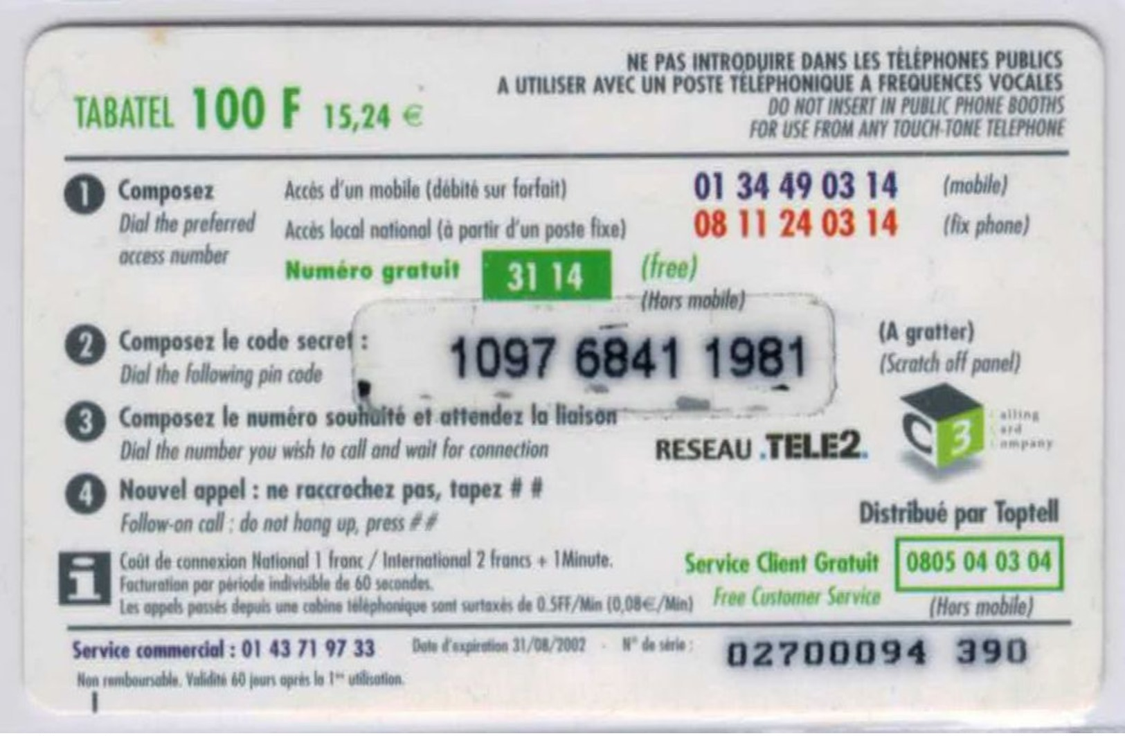 TABATEL - 15,24 € - 100 Frs - Voir Scans - Autres & Non Classés