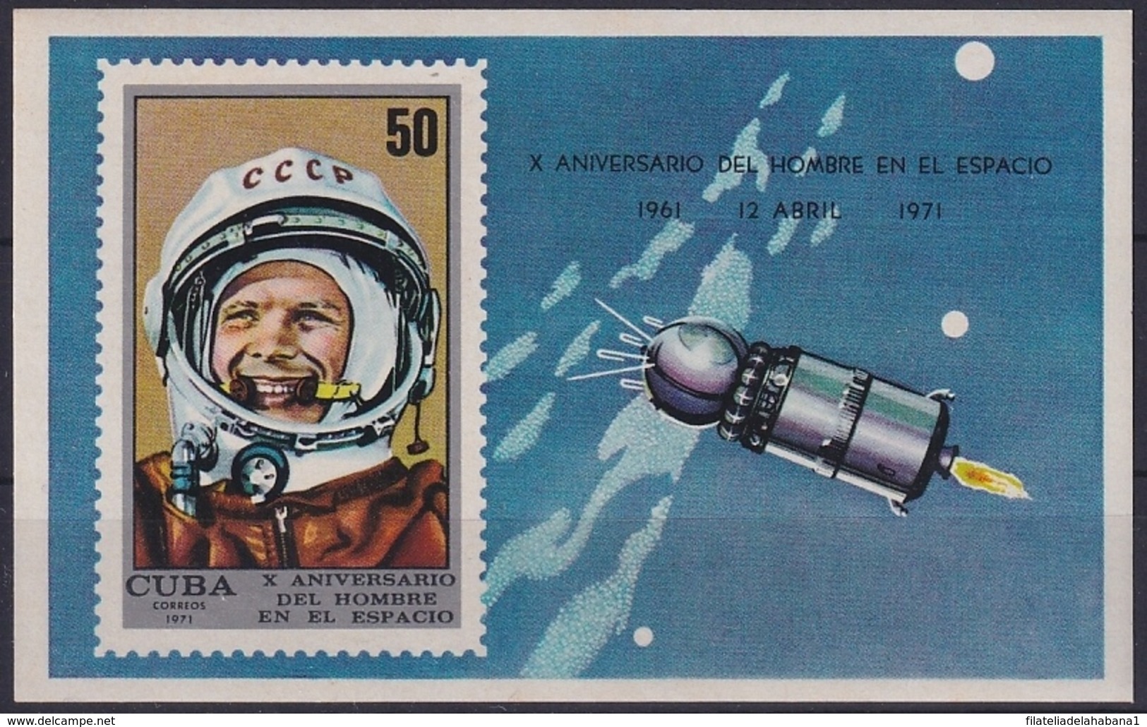 1970.101 CUBA 1971. Ed.1856. HF X ANIV PRIMER HOMBRE EN EL ESPACIO, YURI GAGARIN. MANCHAS. - Prephilately