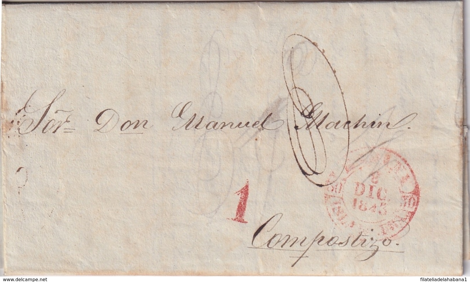 PREFI-722 CUBA SPAIN STAMPLESS HABANA 1843 TO COMPOSTIZO. WITH LETTER. - Prephilately