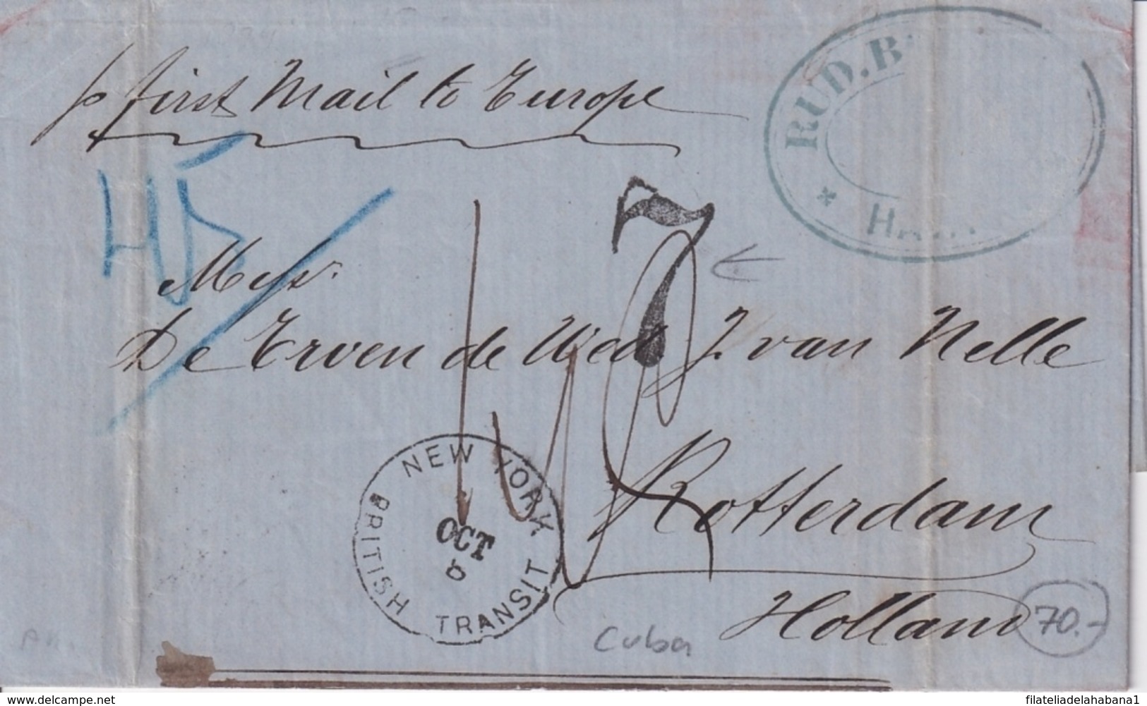 PREFI-724 CUBA STAMPLESS HAVANA 1874 MARITIME MAIL TO NETHERLAND. NEW YORK BRITISH TRANSIT. " FIRST MAIL TO EUROPA". - Prefilatelia