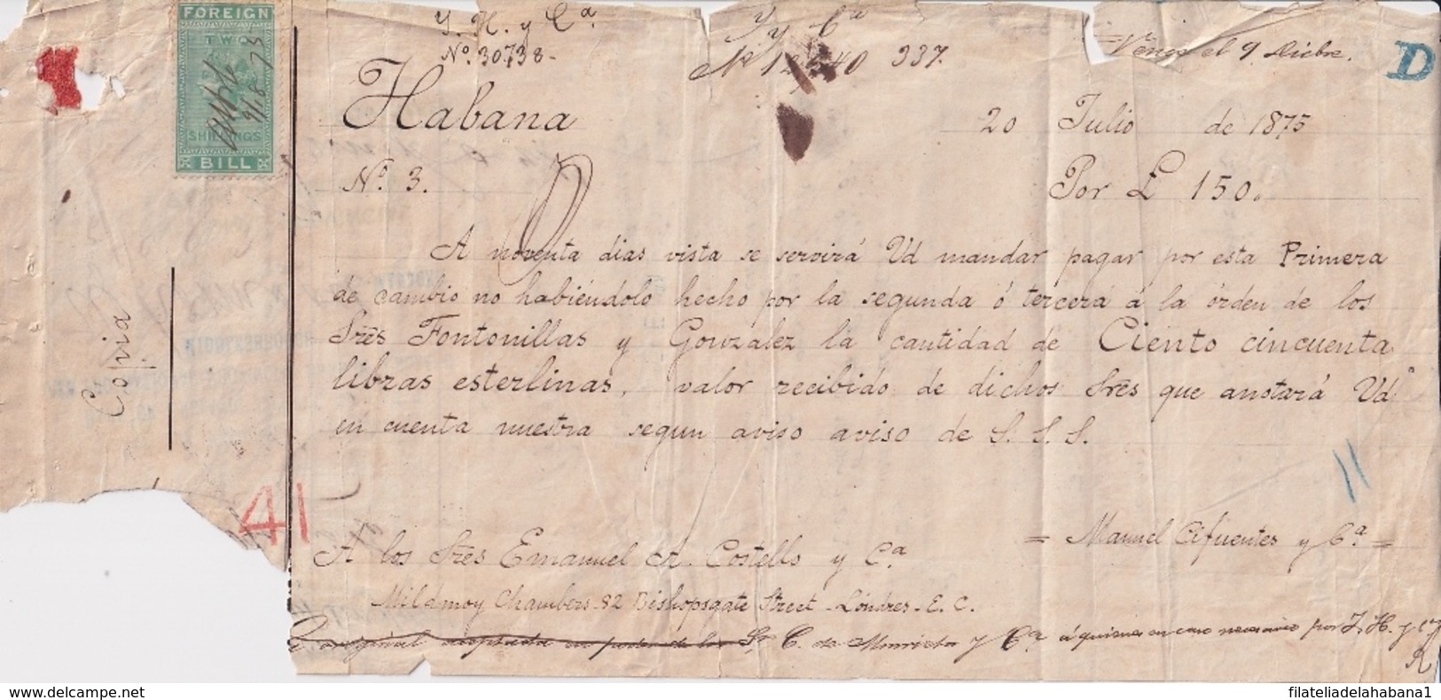 E6368 CUBA SPAIN 1875 LETTER BANK CHECK M. CIFUENTES + UK ENGLAND REVENUE 2/. - Cheques & Traveler's Cheques