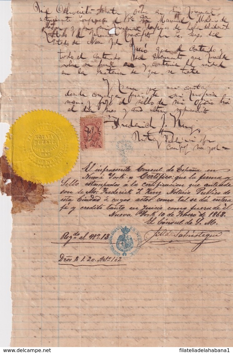 E6371 US 1868 PUBLIC NOTARY REGISTERED REVENUE IN SPAIN CONSULATE IN NEW YORK. - Manuscripts