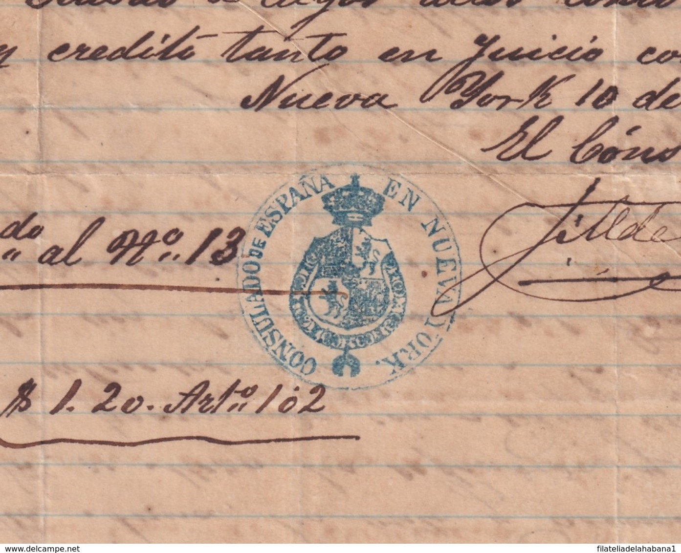E6371 US 1868 PUBLIC NOTARY REGISTERED REVENUE IN SPAIN CONSULATE IN NEW YORK. - Manuscrits