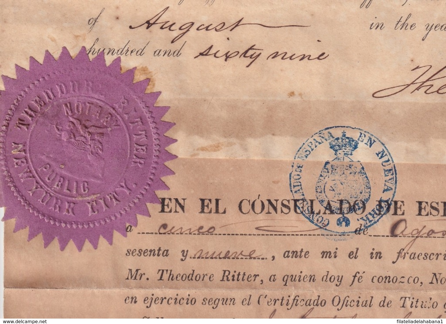 E6372 US 1869 PUBLIC NOTARY REGISTERED REVENUE IN SPAIN CONSULATE IN NEW YORK.