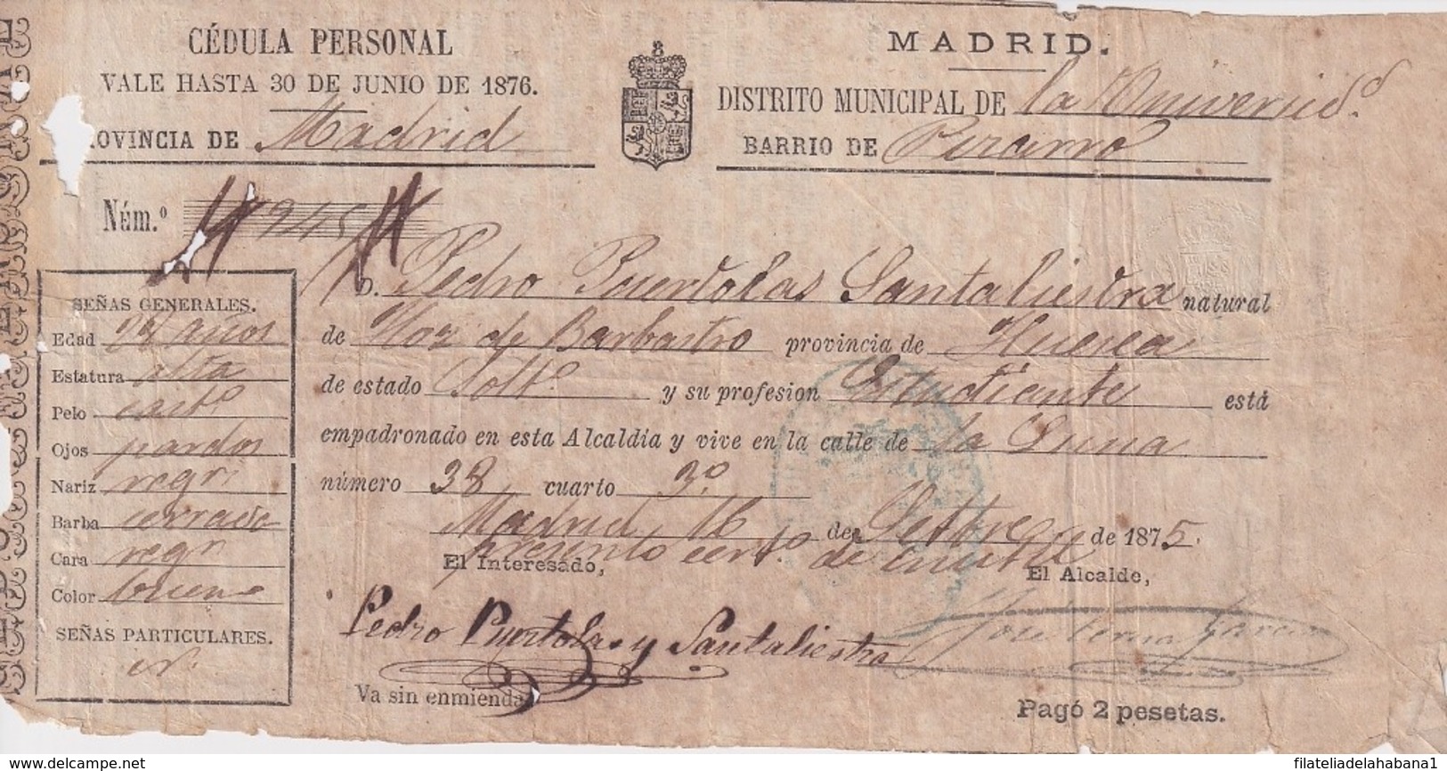 E6373 ESPAÑA SPAIN CEDULA PERSONAL 1875. REVENUE CARGO MUNICIPAL. - Manuscripts