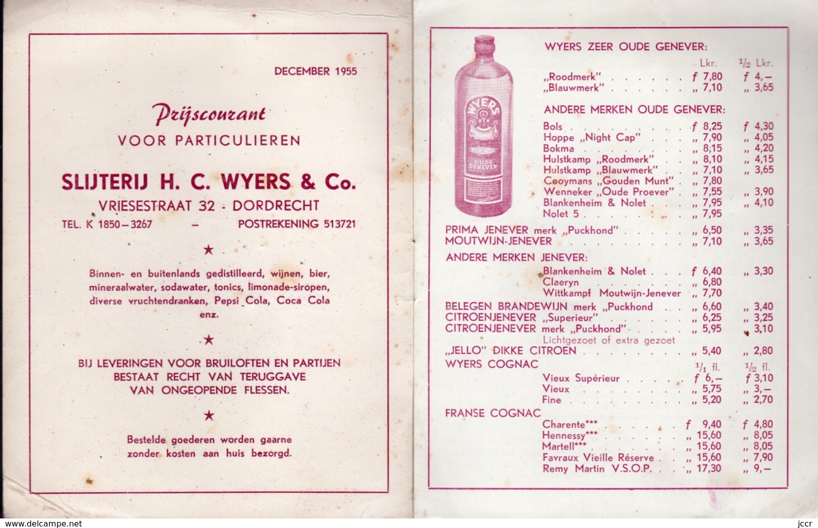 Slijterij H. C. Wyers & Co. Vriesestraat 32 - Dordrecht (Pays-Bas) - Prijscourant Vor Particulieren - December 1955 - Koken & Wijn