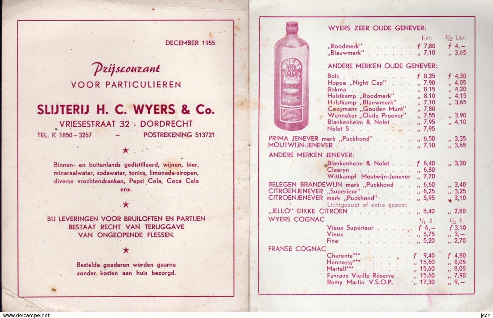 Slijterij H. C. Wyers & Co. Vriesestraat 32 - Dordrecht (Pays-Bas) - Prijscourant Vor Particulieren - December 1955 - Cooking & Wines