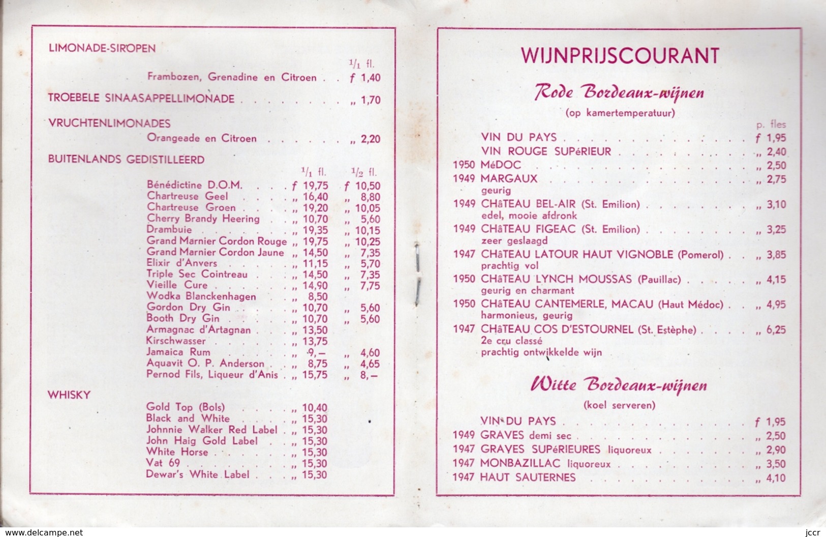 Slijterij H. C. Wyers & Co. Vriesestraat 32 - Dordrecht (Pays-Bas) - Prijscourant Vor Particulieren - December 1955 - Koken & Wijn