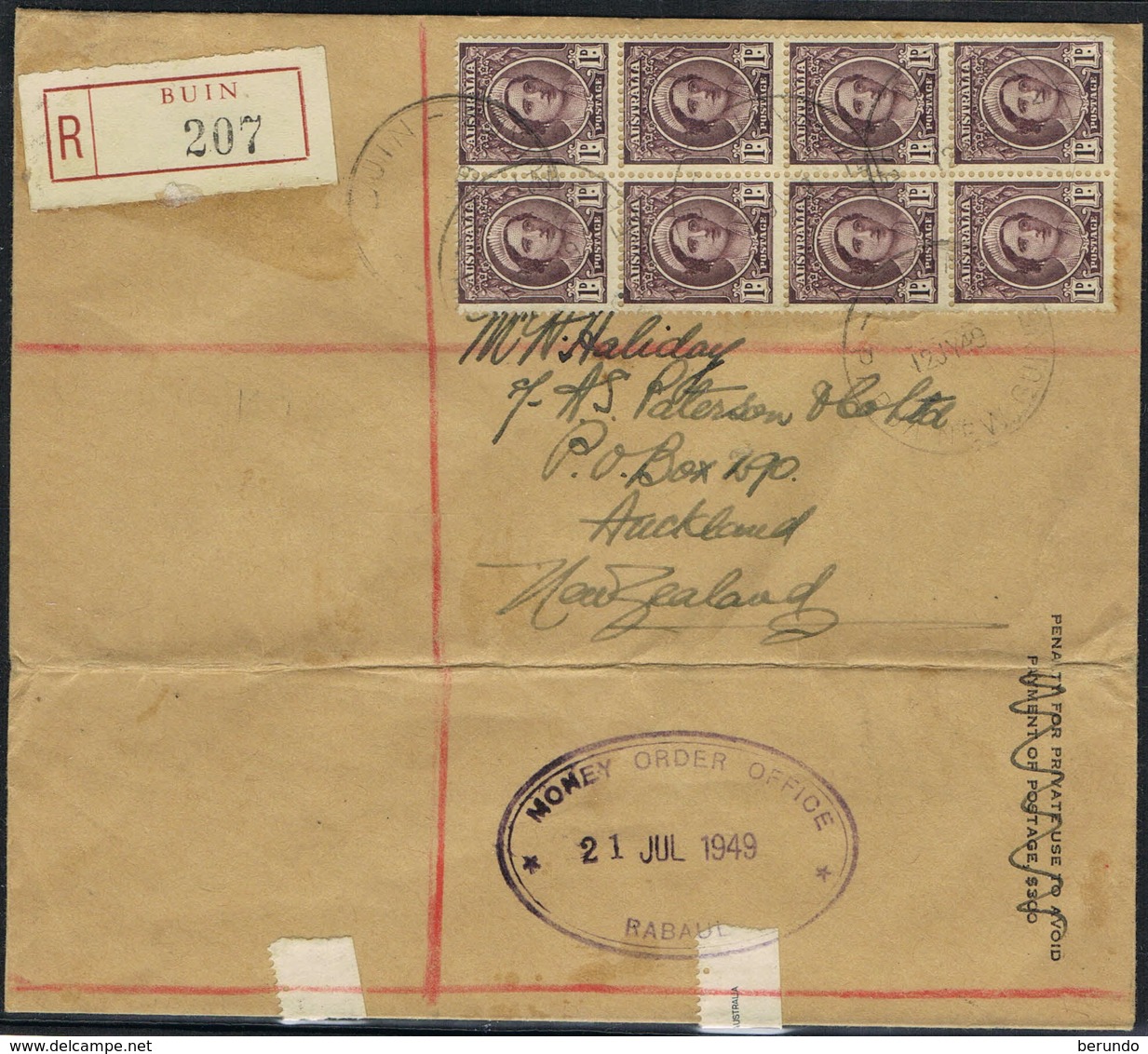 PAPUA NEW GUINEA- MONEY ORDER OFFICE Rabaul-R-Cover BUIN 12.07.1949 - 121 - Papouasie-Nouvelle-Guinée
